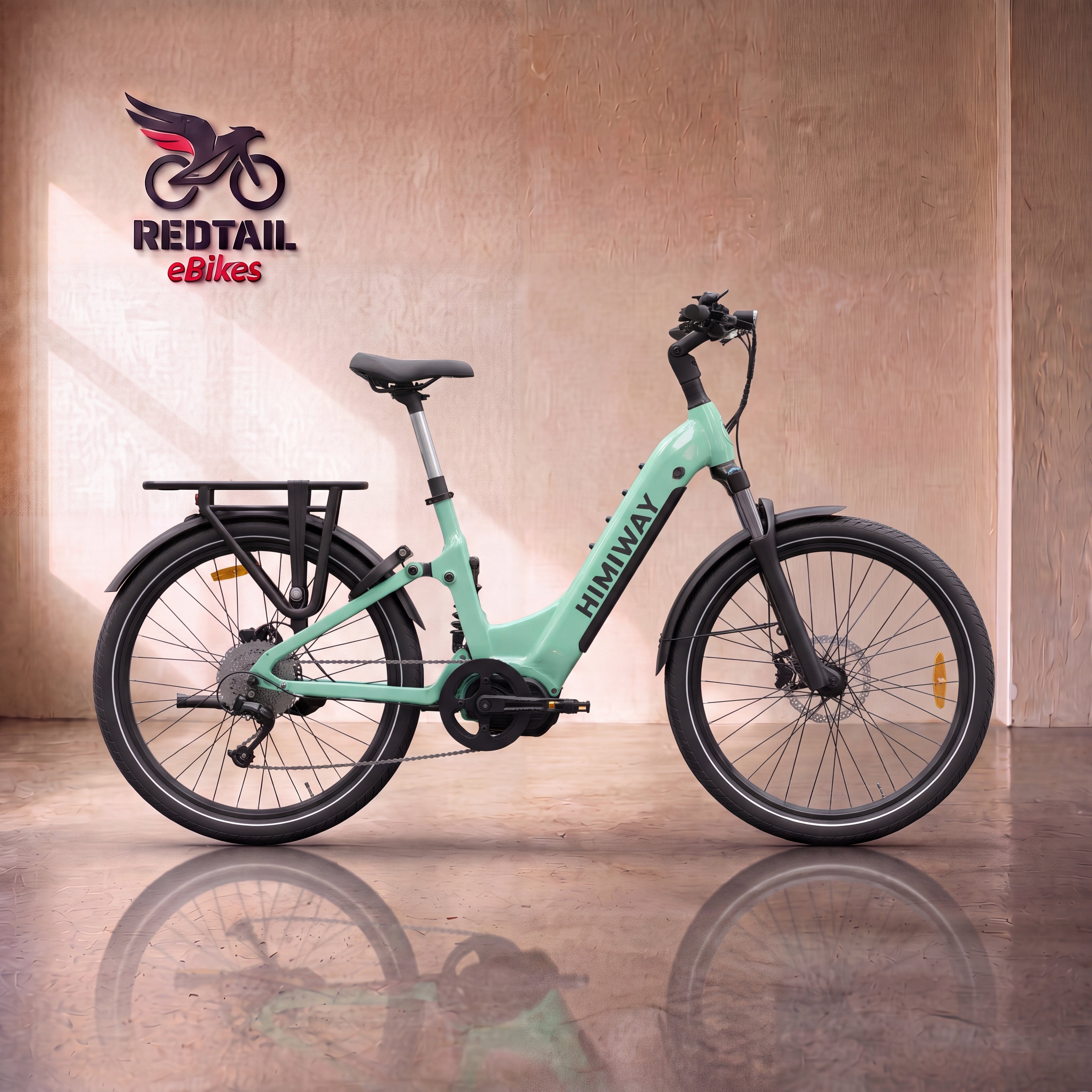 Himiway A7 Pro Commuter eBike in Green, front three-quarter right view in a Redtail eBikes studio