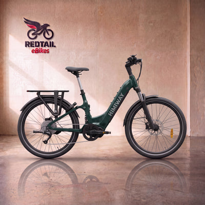 Himiway A7 Pro Commuter eBike in Emerald Green, front three-quarter right view in a Redtail eBikes studio