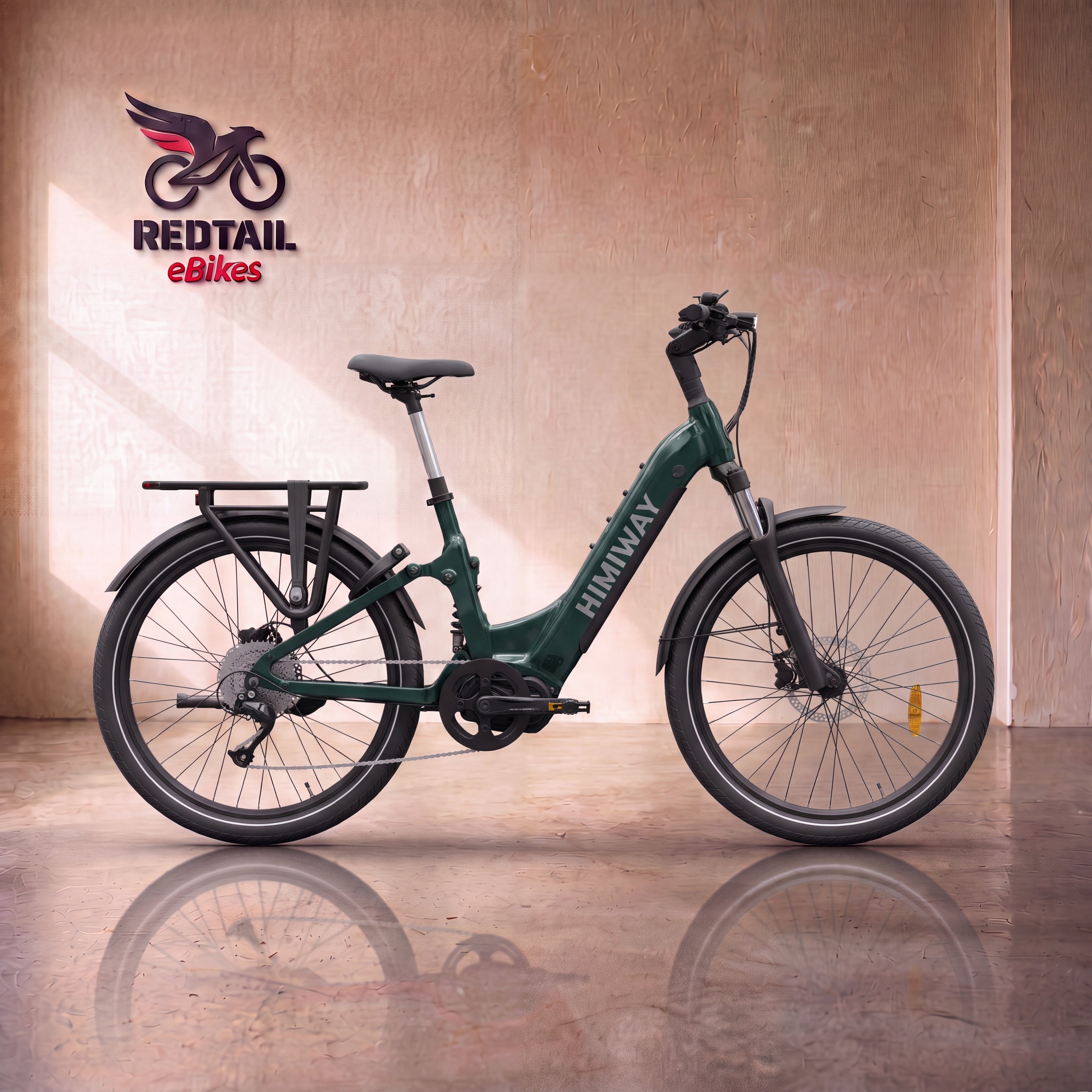 Himiway A7 Pro Commuter eBike in Emerald Green, front three-quarter right view in a Redtail eBikes studio