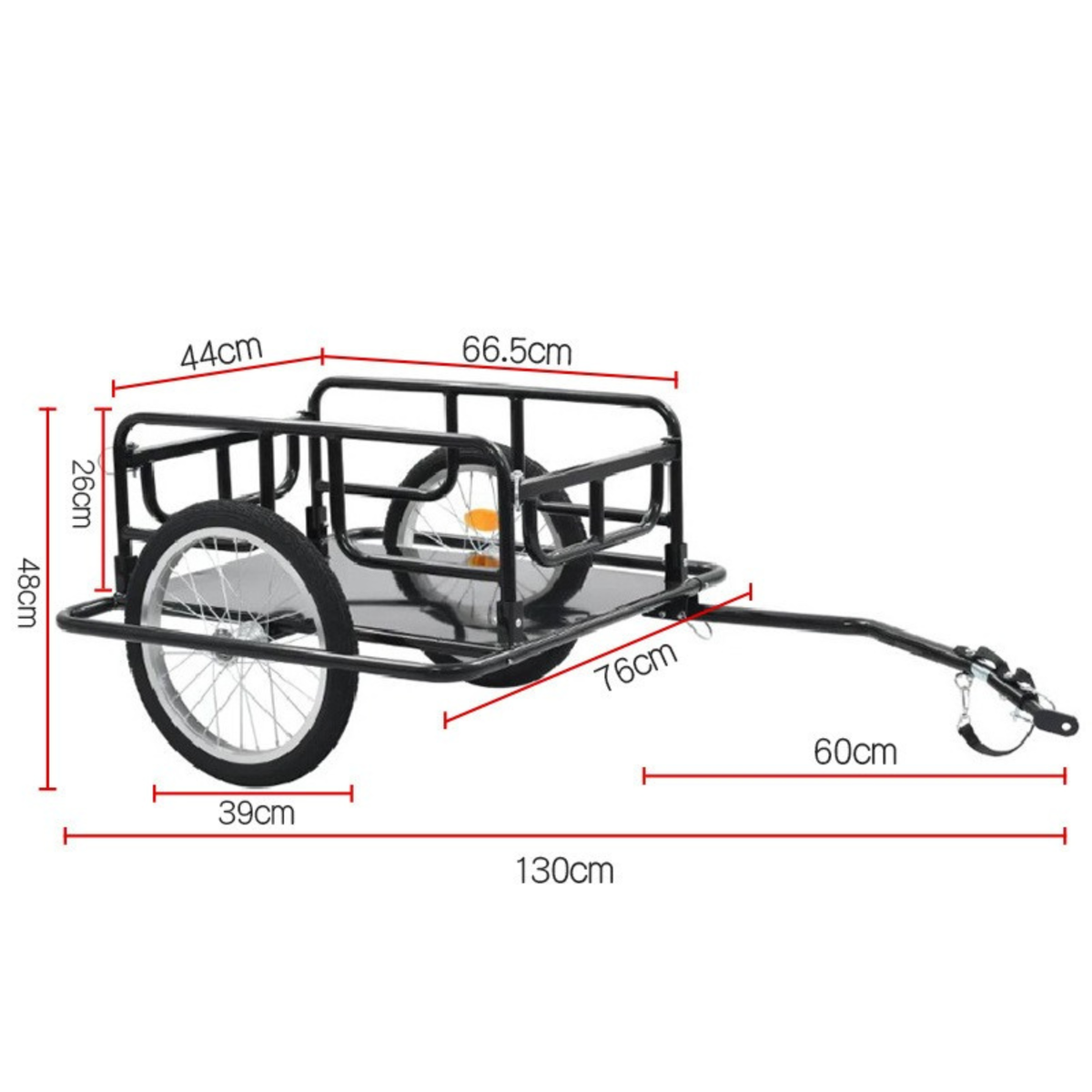 The trailer with its dimensions drawn: 130 cm long overall, a 66.5 by 44 cm bed, 48 cm tall