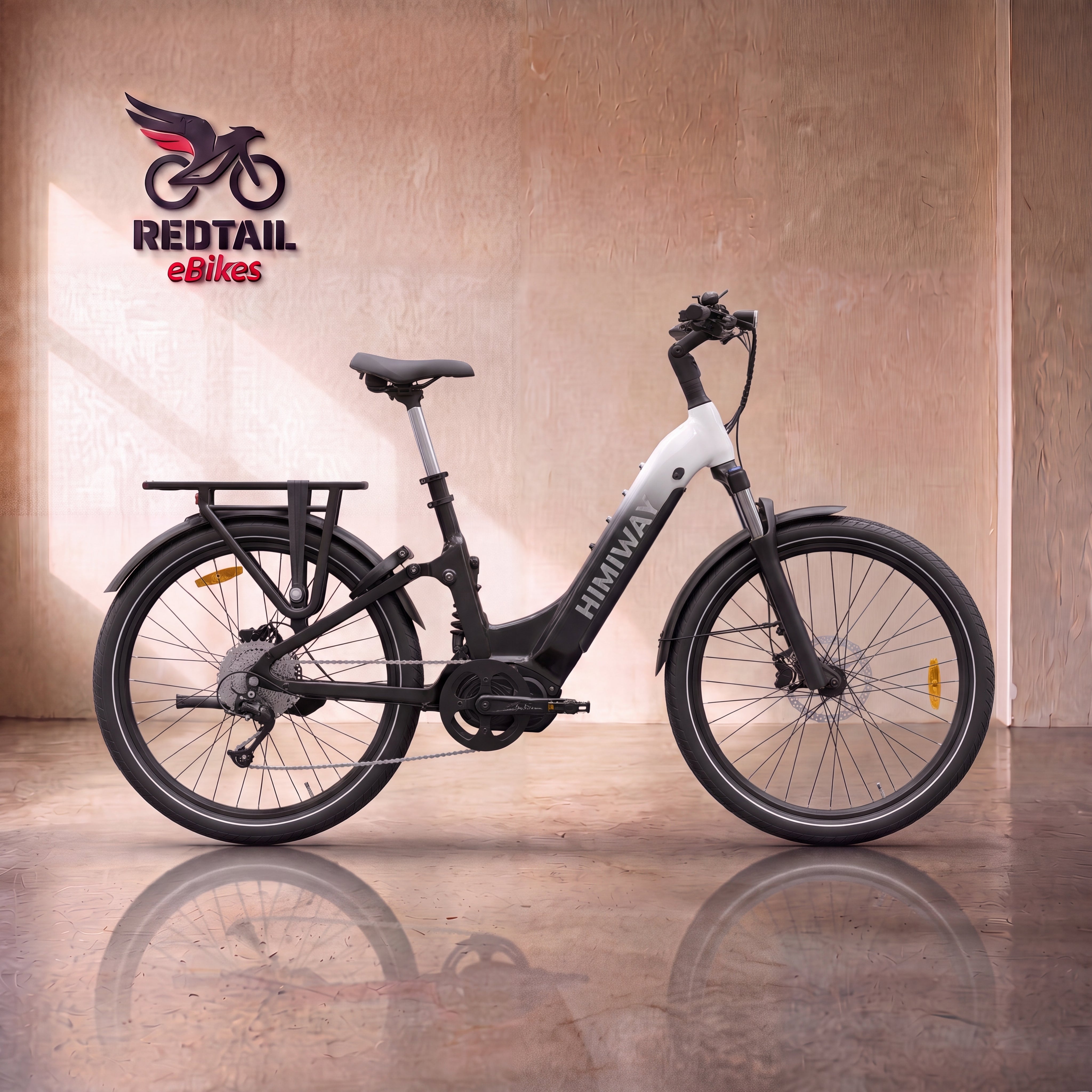 Himiway A7 Pro Commuter eBike in Black & White Gradient, front three-quarter right view in a Redtail eBikes studio