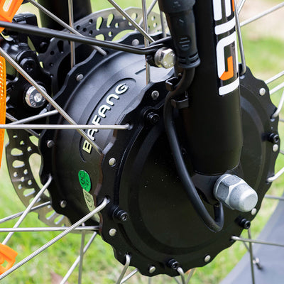 Close-up of the Zeus's Bafang front hub motor and disc brake rotor