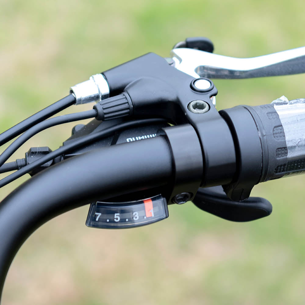 Close-up of the Zeus's handlebar gear shifter and brake lever