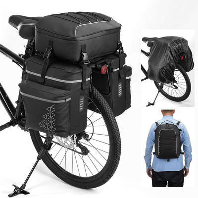 VTUVIA three-piece pannier set on a rear rack, with the detachable top bag and the backpack straps shown