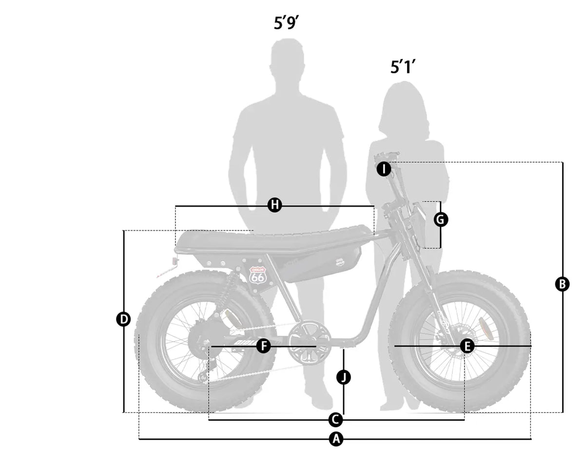 Qiolor NOVA geometry drawing with 5 ft 1 in and 5 ft 9 in rider outlines