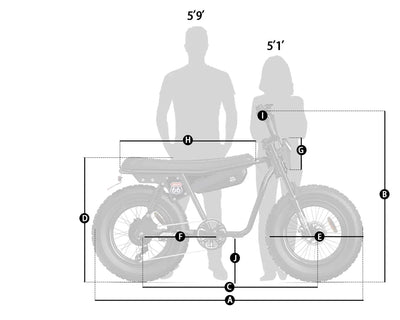 Qiolor NOVA geometry drawing with 5 ft 1 in and 5 ft 9 in rider outlines
