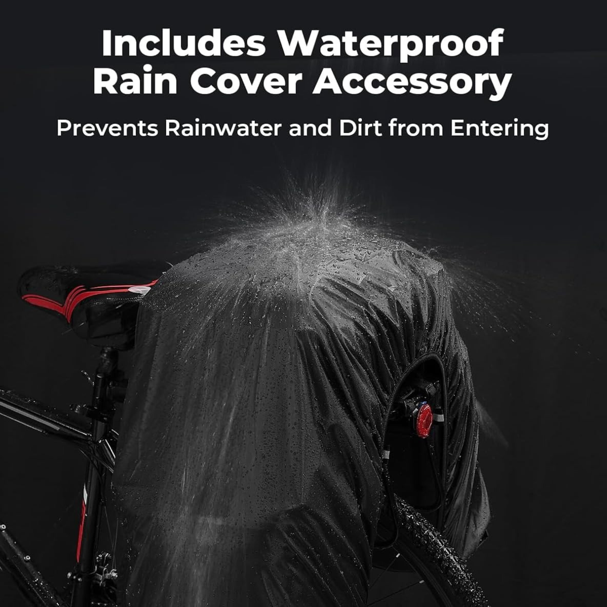 The pannier set under its waterproof rain cover in rain, with the maker's words that the cover is included