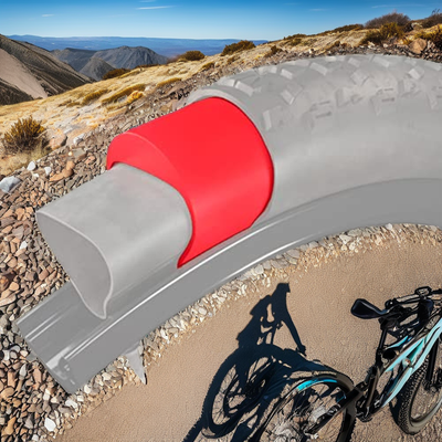Illustration of a red Tannus Armour insert inside a fat tire on a gravel trail