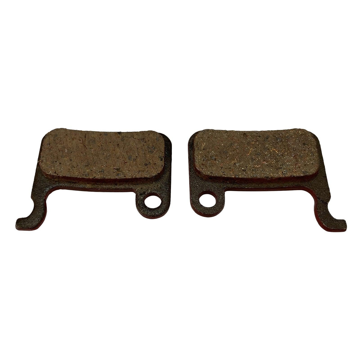 Two mechanical brake pads with metal backing plates