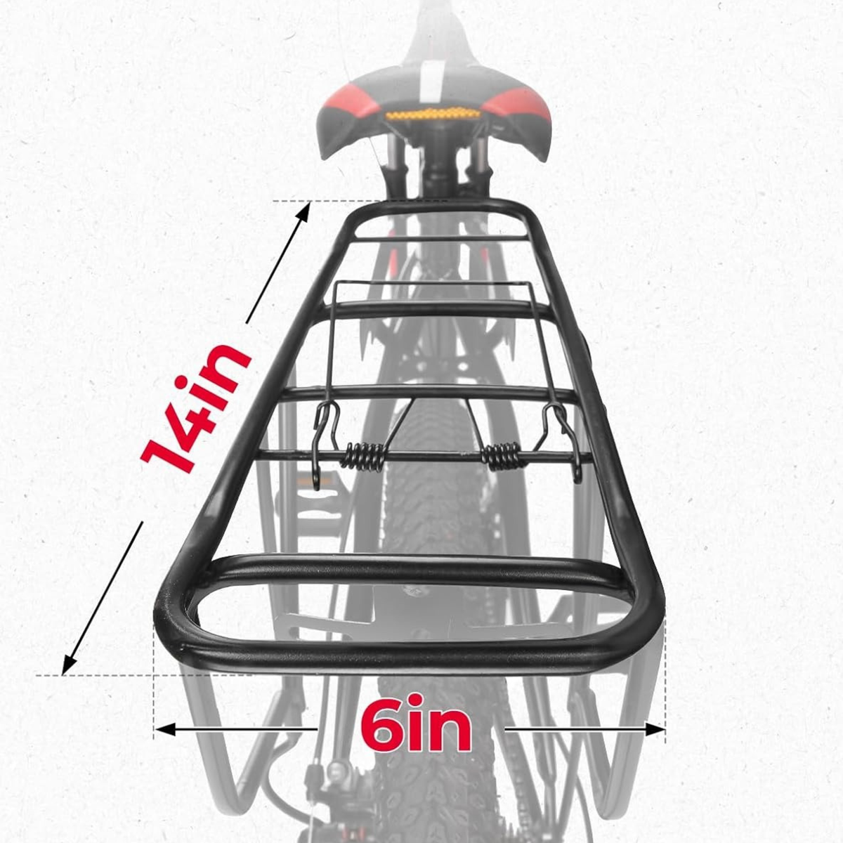 A rear rack seen from behind with the 14 by 6 in rack top the set fits drawn on it