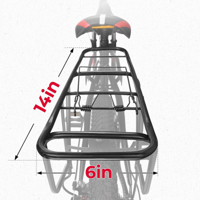 A rear rack seen from behind with the 14 by 6 in rack top the set fits drawn on it