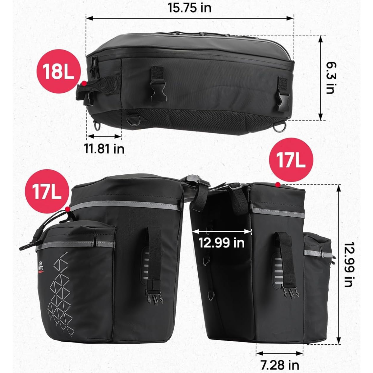 The pannier set with its sizes drawn: the 18 L top bag 15.75 by 11.81 by 6.3 in, each 17 L pannier 12.99 by 7.28 by 12.99 in