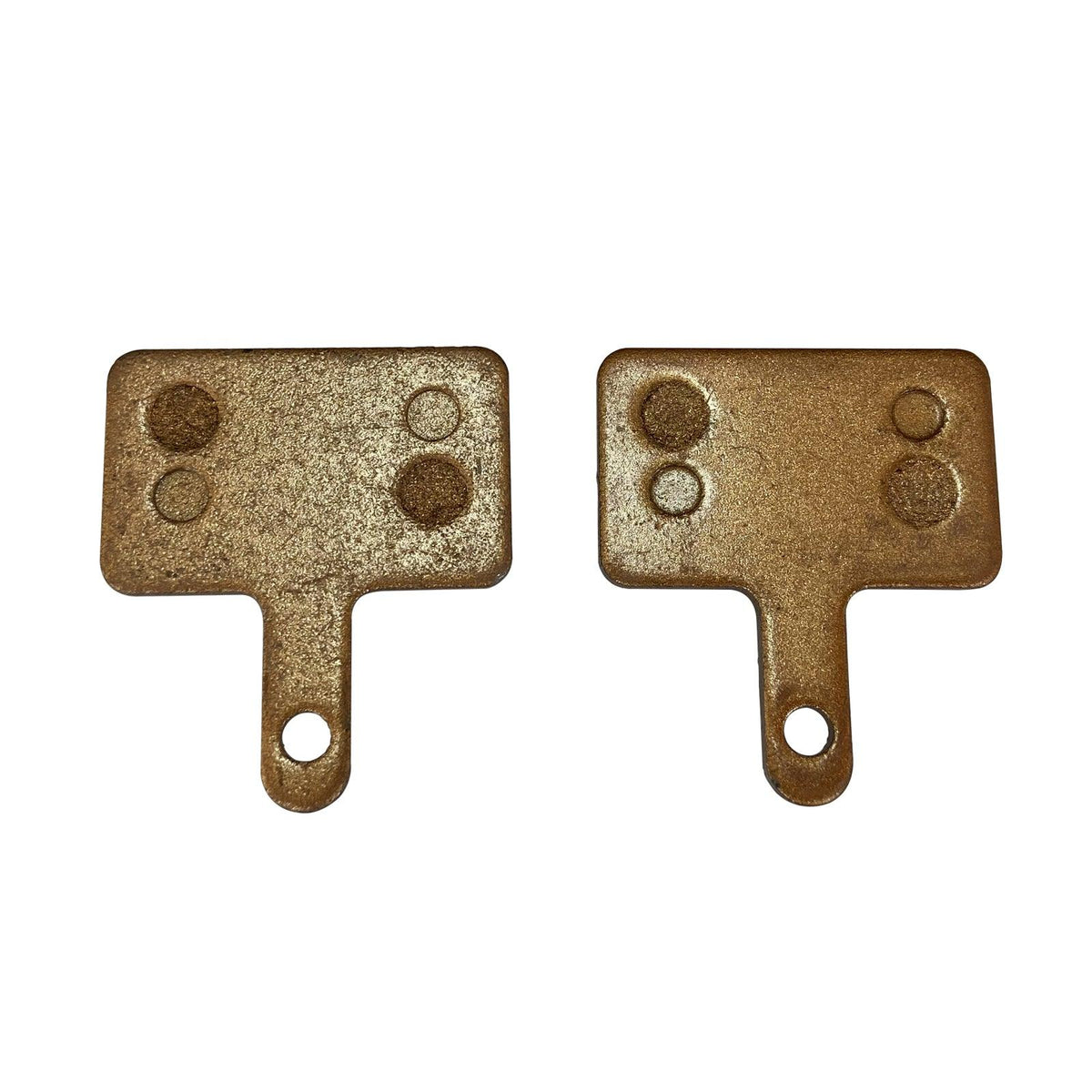Two brake pads with a tab and holes for the pin