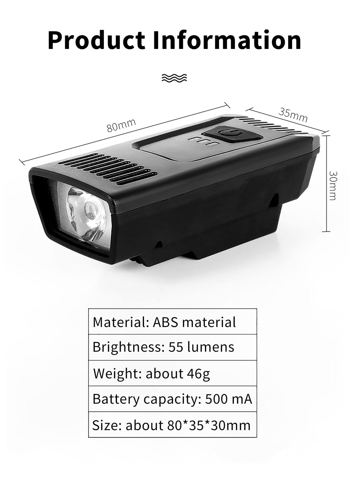 The headlight with its figures drawn: 80 by 35 by 30 mm, ABS, 55 lumens, 46 g, 500 mAh