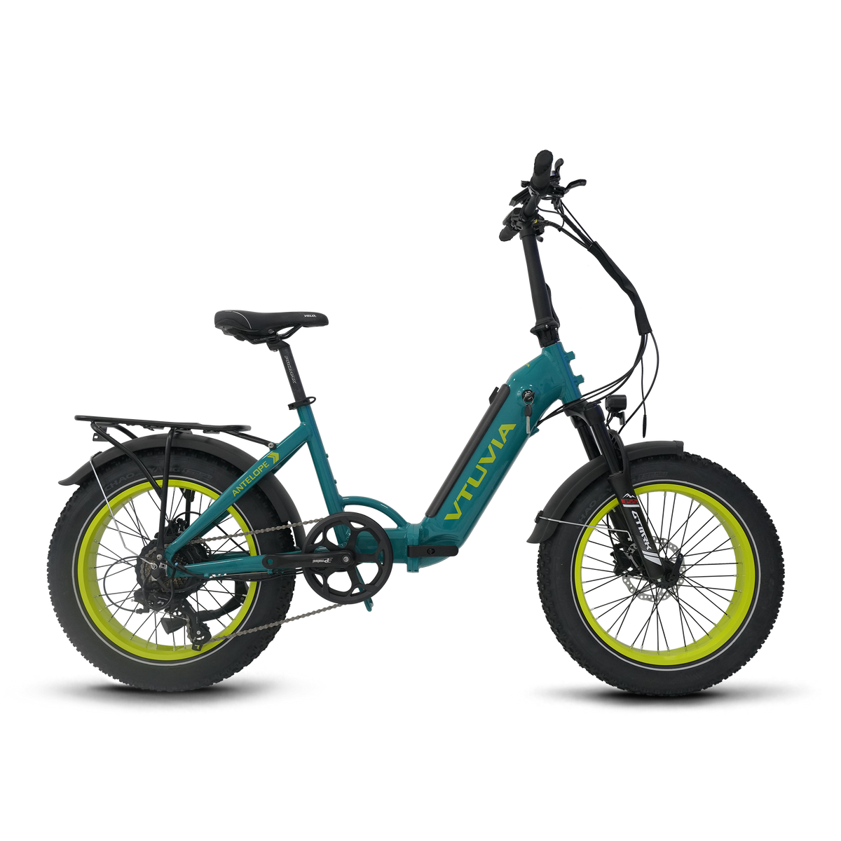Teal VTUVIA SX20 Antelope with lime-green rims, side view