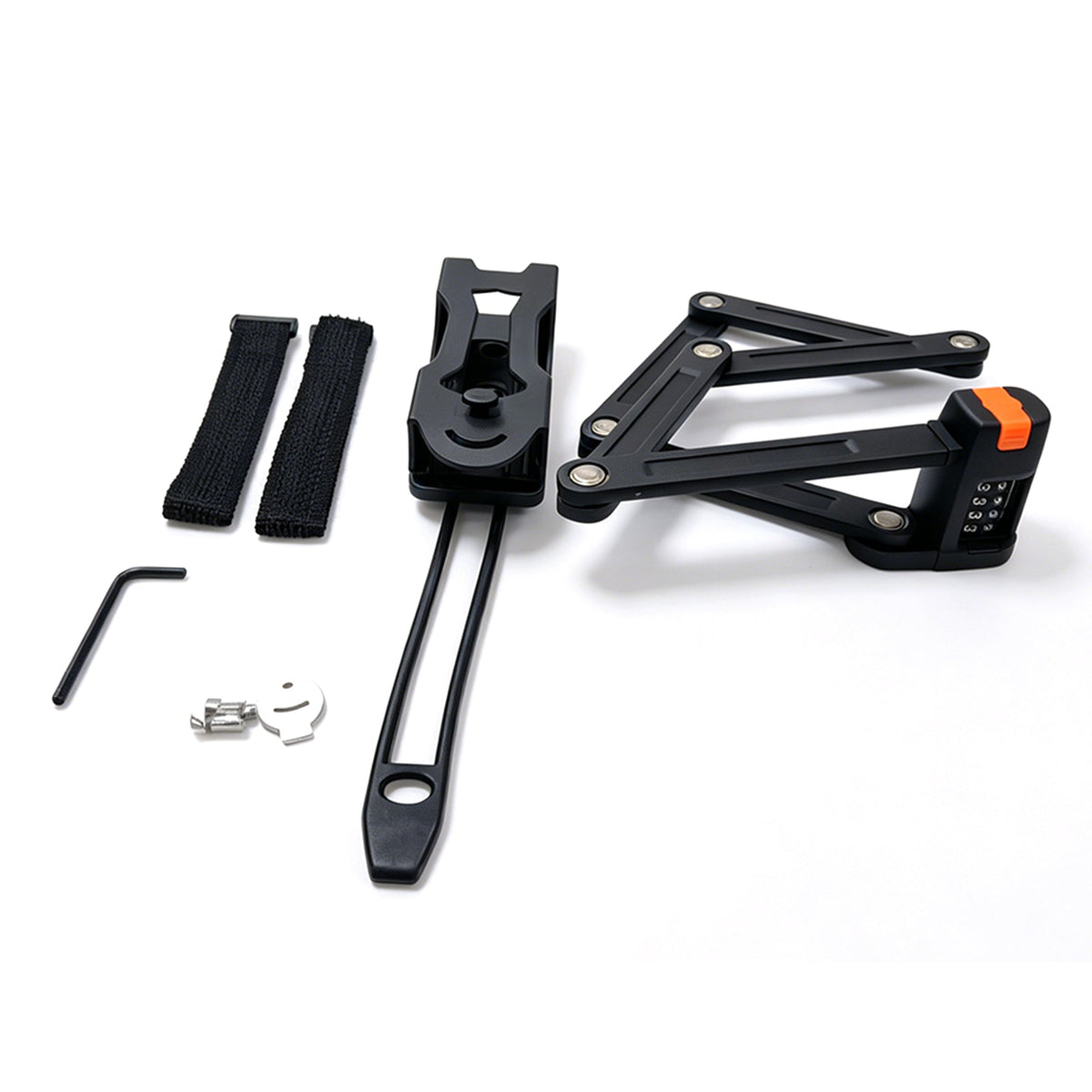 VTUVIA folding lock unfolded beside its frame mount, straps and hex key