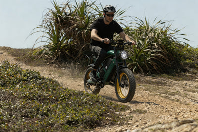 Smartravel Raptor ST202 GPS Fat Tire Electric Bike in green, ridden toward the camera on a dirt trail between tall grasses