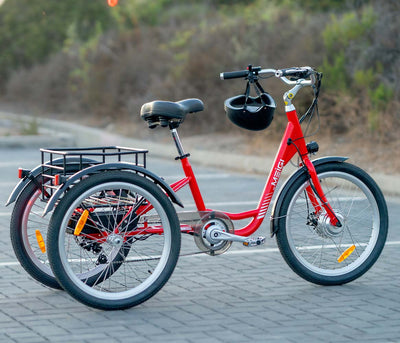 Red DWMEIGI MG708 Hera parked on a paved lot, a helmet hanging from the handlebar