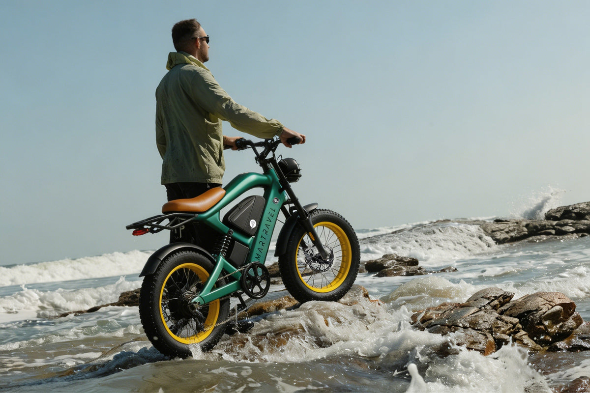 Smartravel Raptor ST202 GPS Fat Tire Electric Bike in green on wet shoreline rocks as a wave breaks behind it