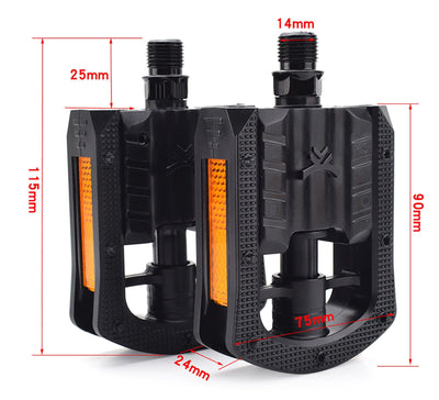 The pedals with their sizes drawn: 115 by 90 mm, 14 mm axle
