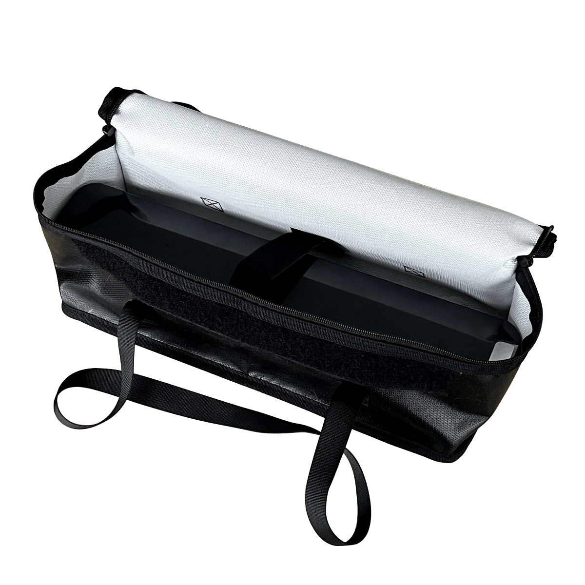 VTUVIA fireproof battery bag open, showing the silver fire-retardant lining and a carry strap