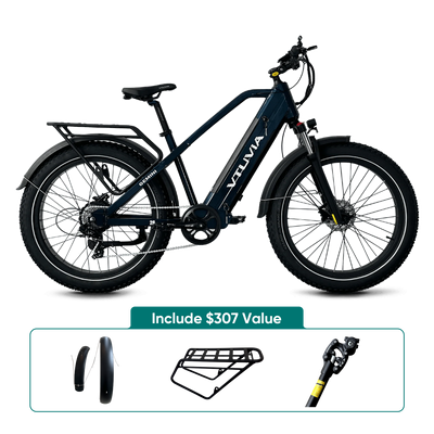 Dark blue Gemini with the fenders, rear rack and suspension seatpost VTUVIA packs with it