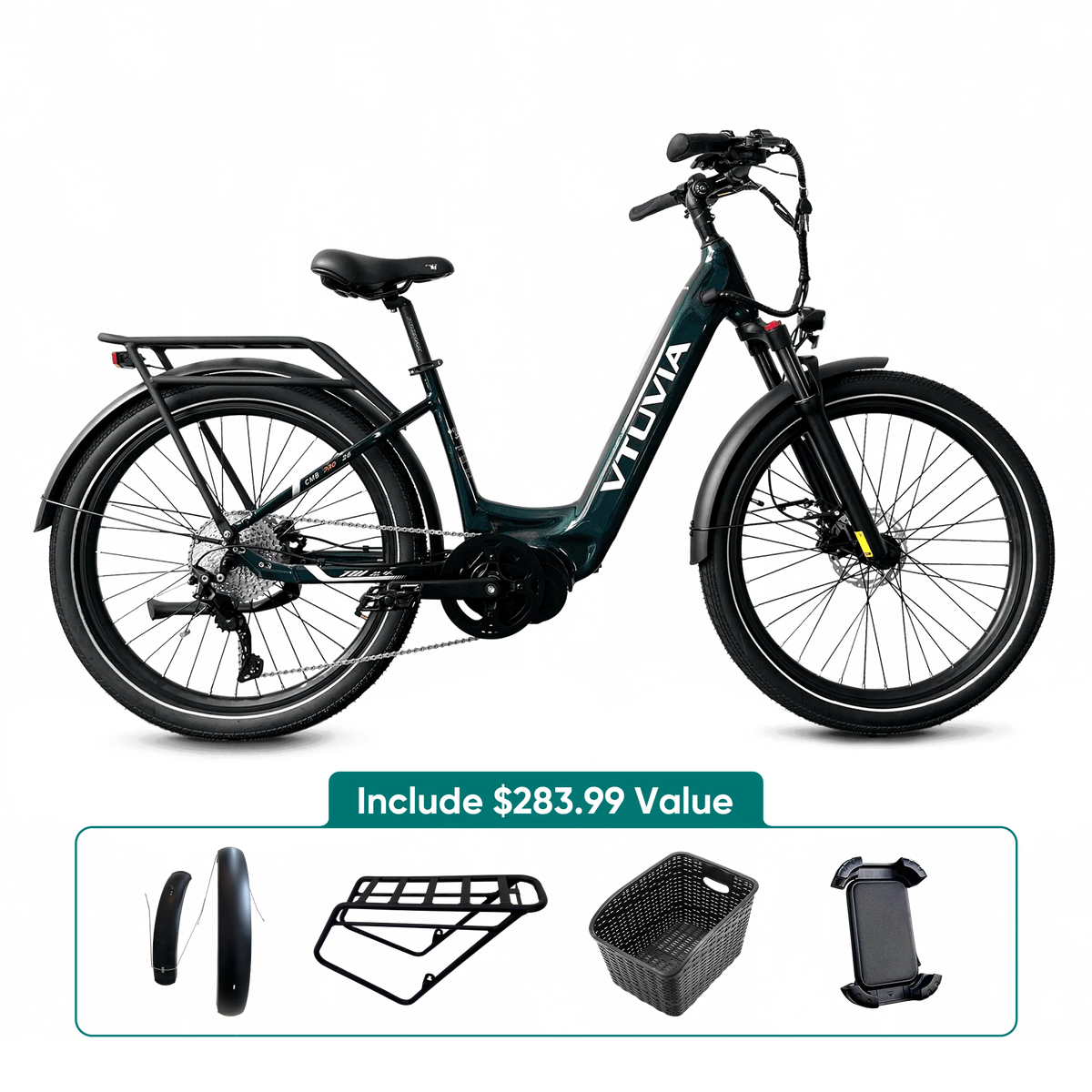Dark green CMB with the fenders, rear rack, rear basket and phone holder VTUVIA packs with it