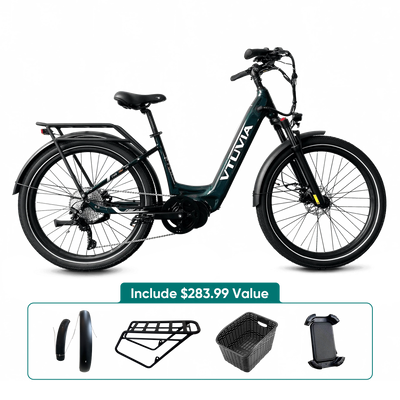 Dark green CMB with the fenders, rear rack, rear basket and phone holder VTUVIA packs with it