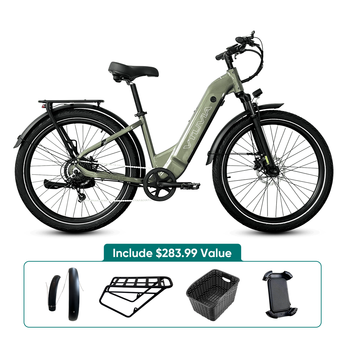 Olive green Zeal LT7 with the fenders, rear rack, rear basket and phone holder VTUVIA packs with it
