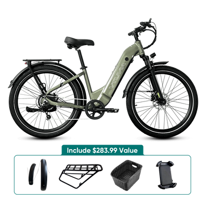 Olive green Zeal LT7 with the fenders, rear rack, rear basket and phone holder VTUVIA packs with it