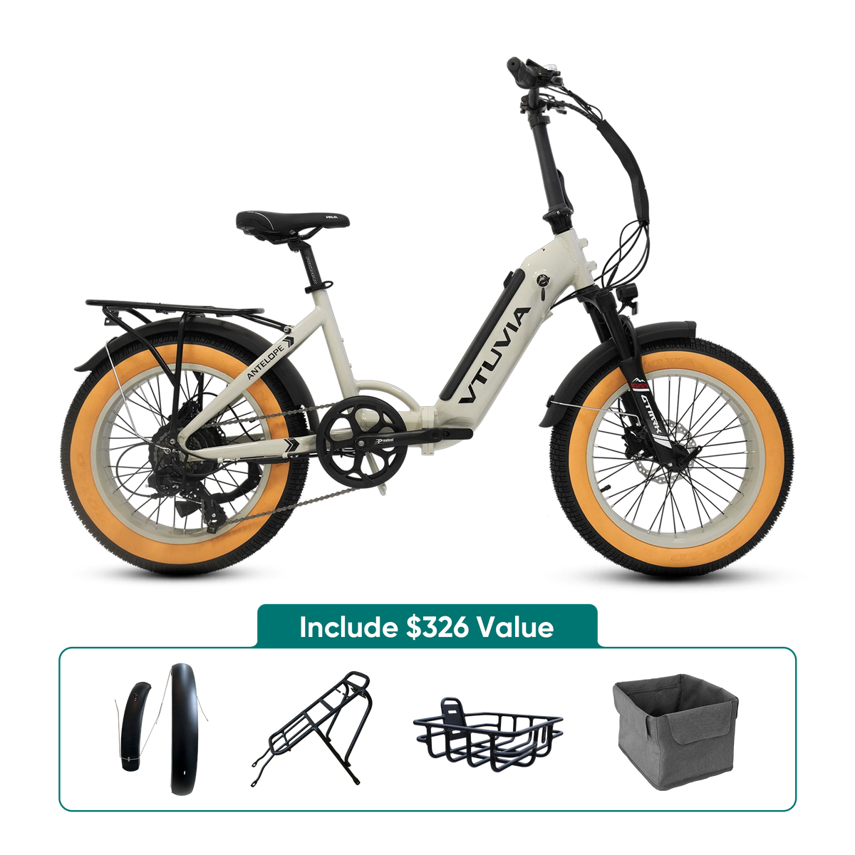 Cream SX20 with the fenders, rear rack, front basket and basket bag VTUVIA packs with it