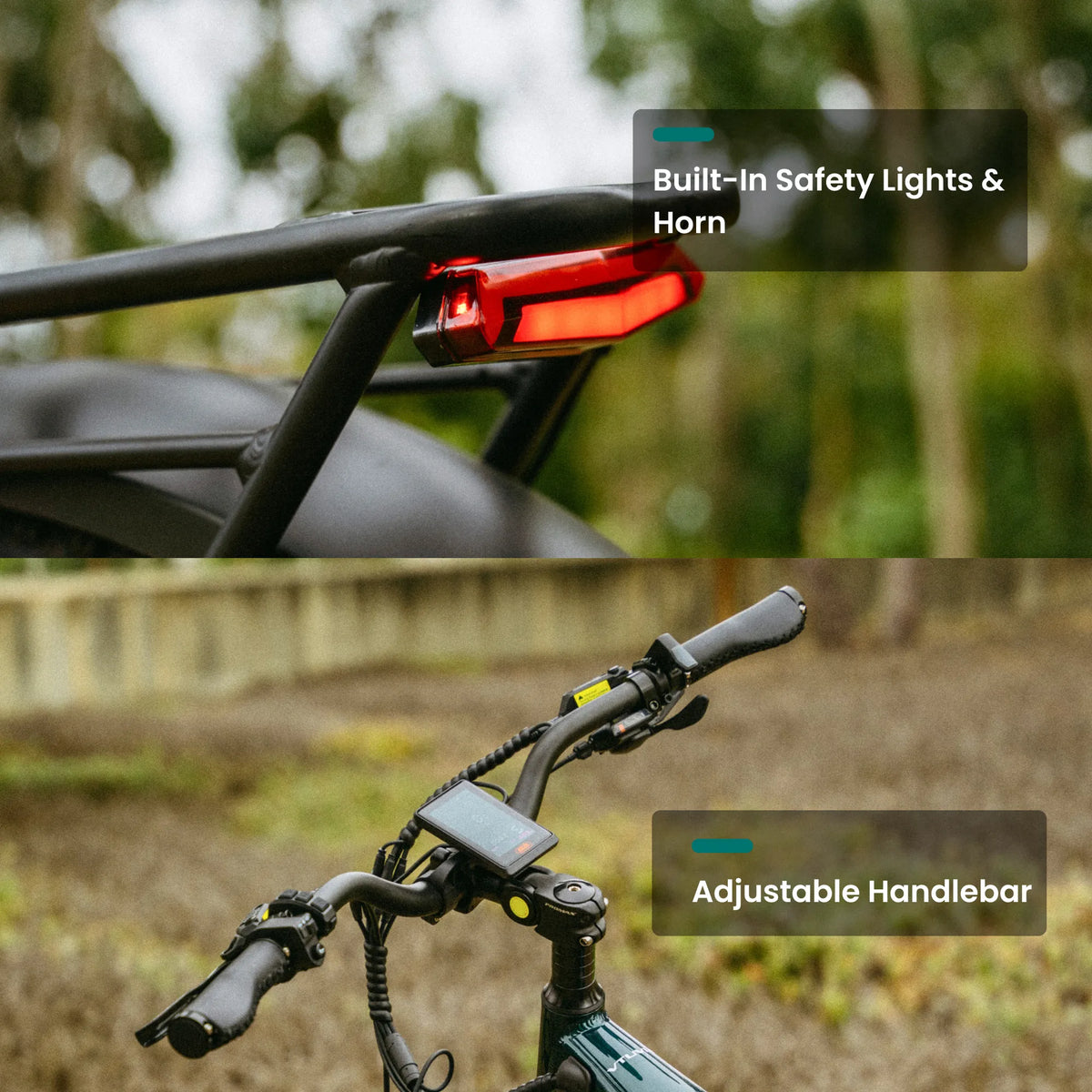 Reindeer 2.0 rear light on the rack, and its adjustable handlebar and display