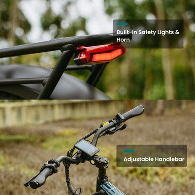 Reindeer 2.0 rear light on the rack, and its adjustable handlebar and display