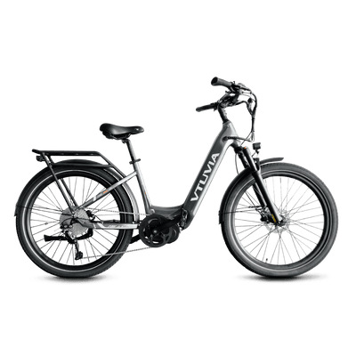 Silver VTUVIA CMB mid-drive step-through, side view