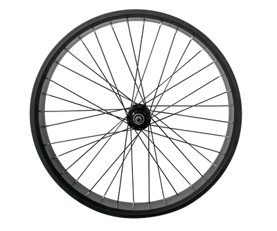 VTUVIA front wheel, rim and black spokes, no tire fitted, on a dark background
