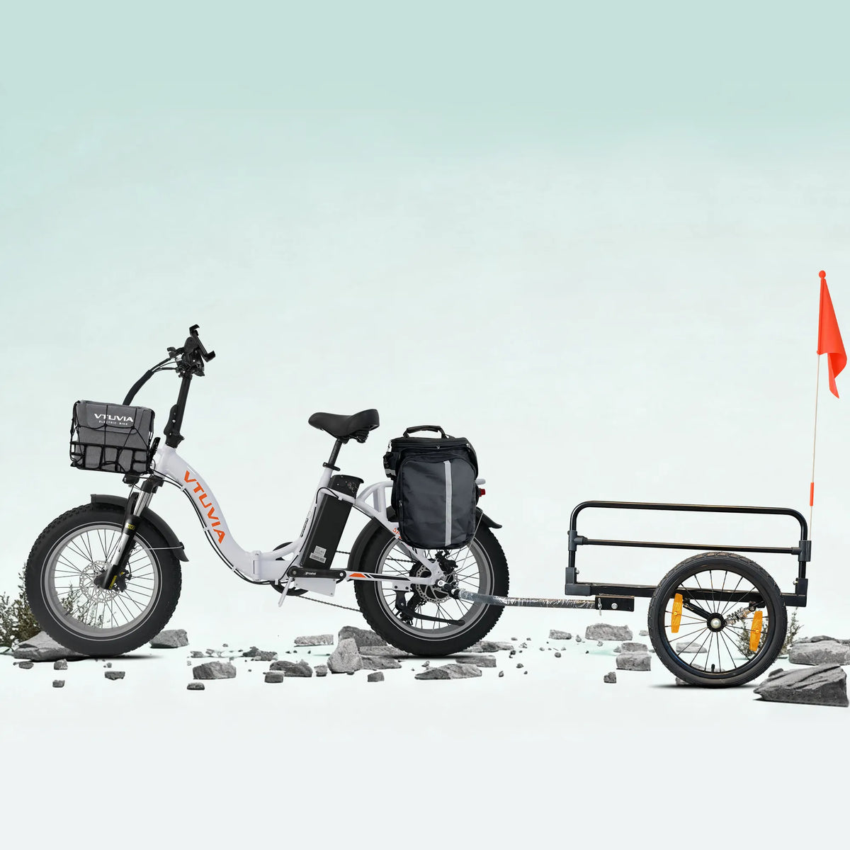 White SF20H fitted with a front basket, pannier bag and cargo trailer