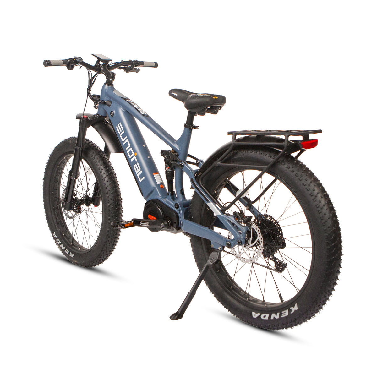 Eunorau SPECTER-S 4.0 in Moon Black, rear three-quarter view with the rack and tail light