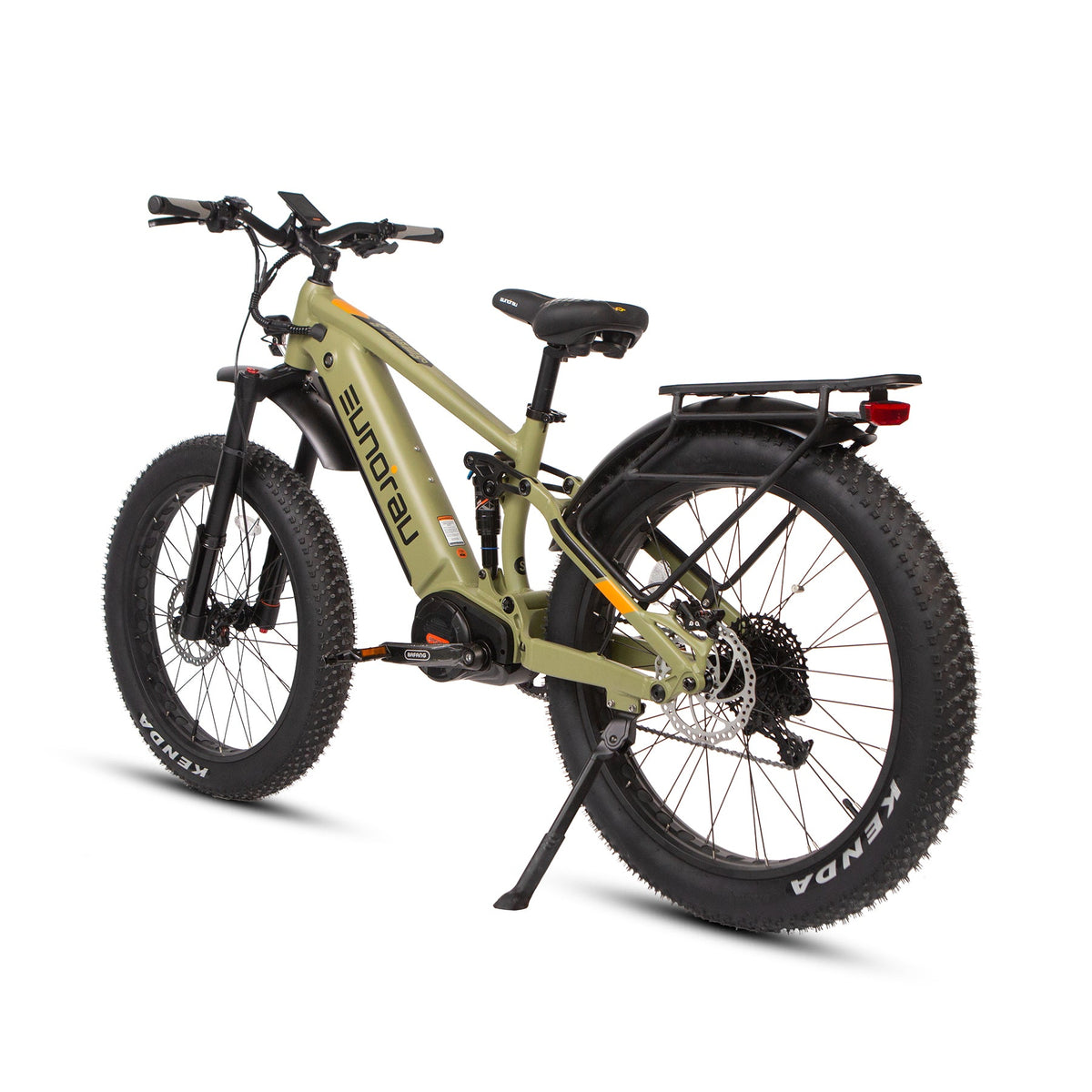 Eunorau SPECTER-S 4.0 in Army Green, rear three-quarter view with the rack and tail light