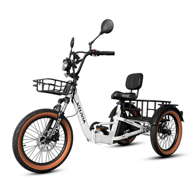White E-Cozy trike from the front with a front basket