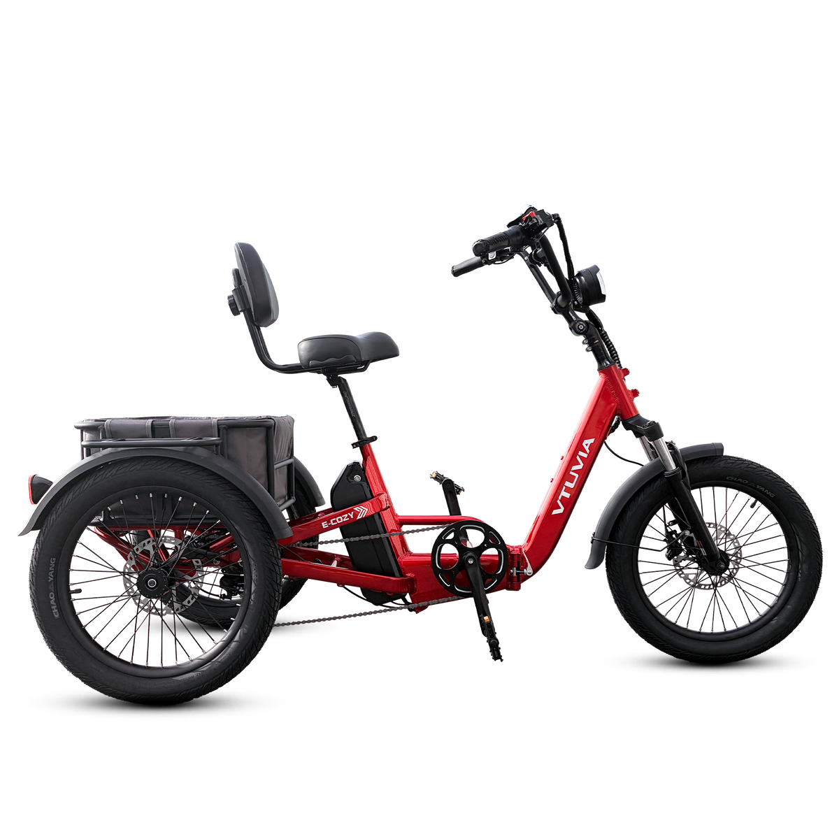 Red VTUVIA E-Cozy electric trike with backrest seat and rear basket, side view