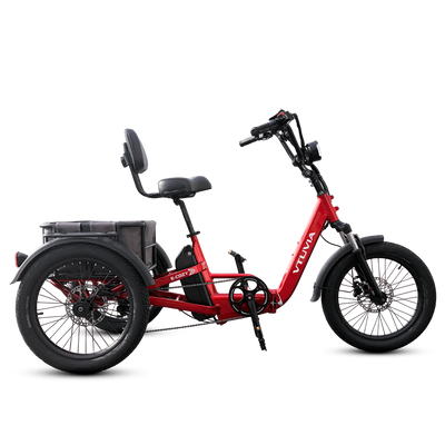 Red VTUVIA E-Cozy electric trike with backrest seat and rear basket, side view
