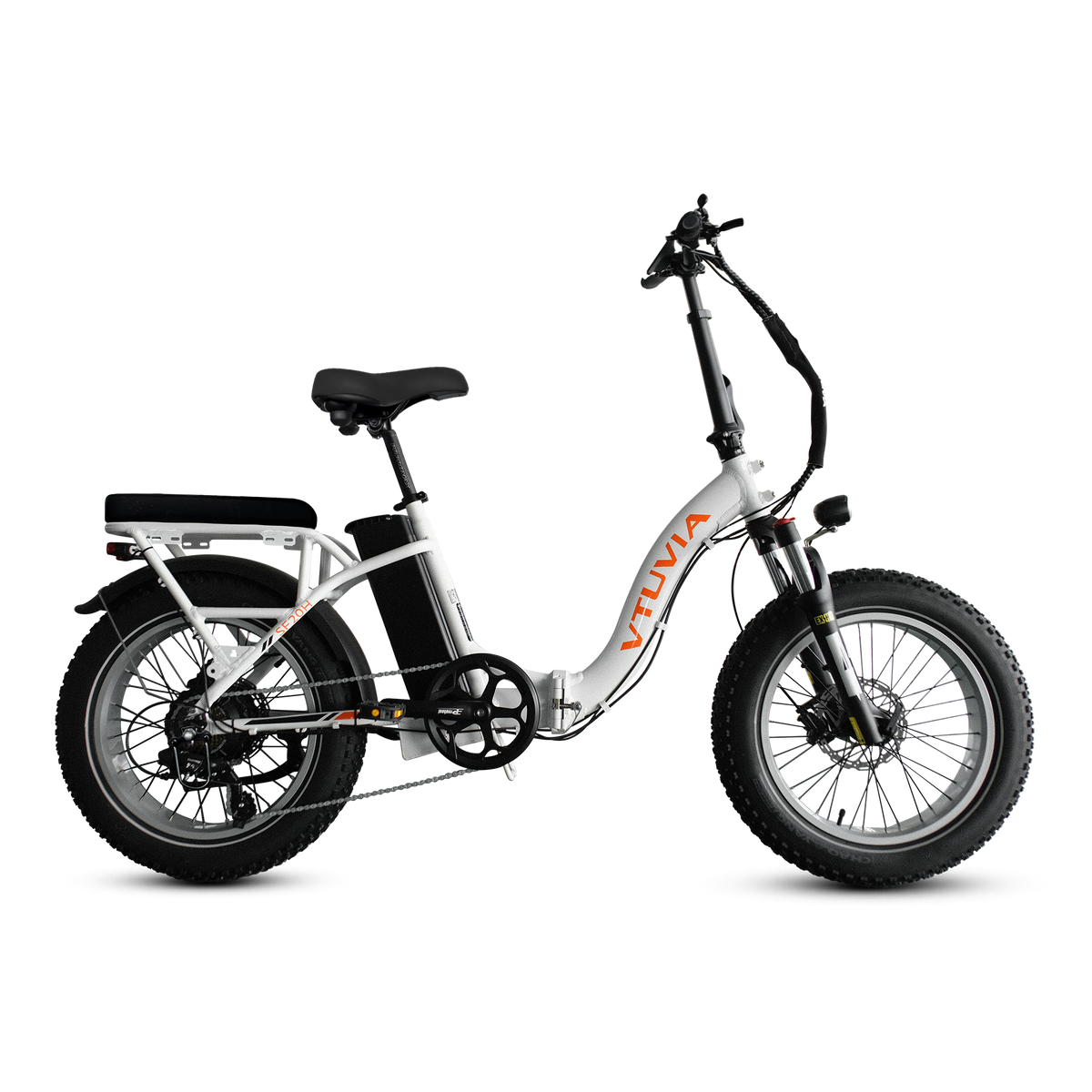 White VTUVIA SF20H folding fat-tire bike, side view, rear rack and passenger seat fitted