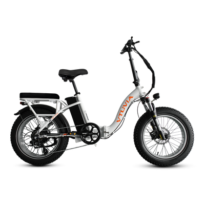 White VTUVIA SF20H folding fat-tire bike, side view, rear rack and passenger seat fitted