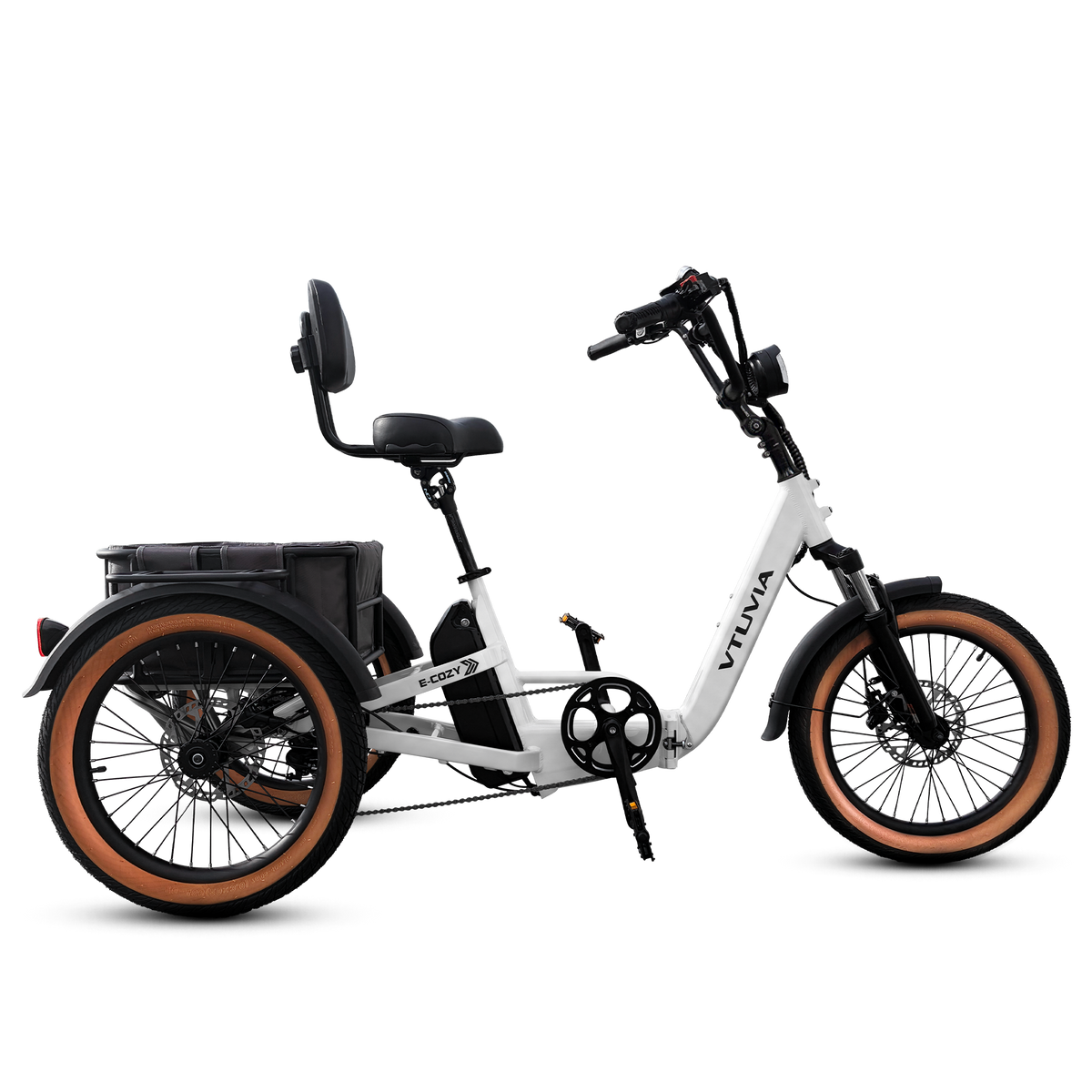 White E-Cozy trike, side view