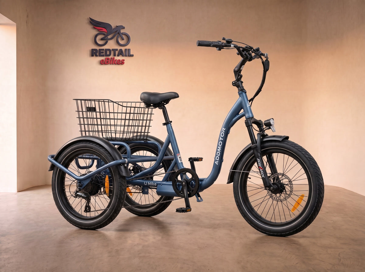 Addmotor U-Trike U-710 Folding Tilting eTrike, side profile in the Redtail eBikes studio