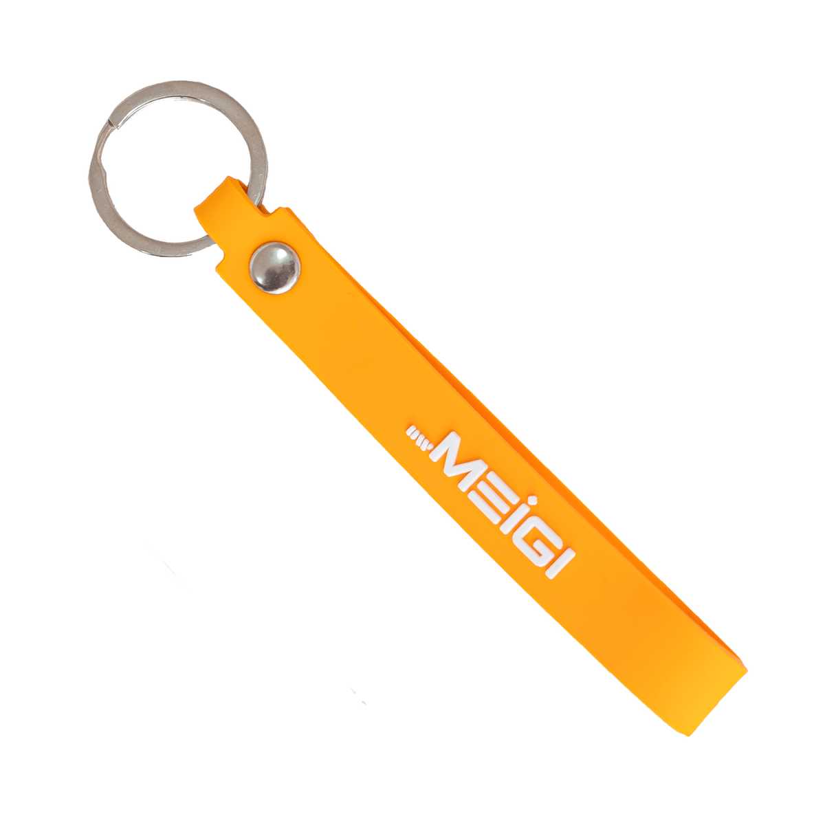 Orange DWMEIGI keychain strap printed with the MEIGI wordmark, on a split key ring