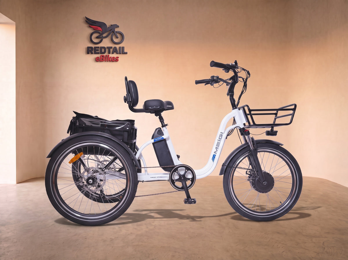 DWMEIGI MG2303 Blazer 750W Full Suspension Electric Trike, side profile in the Redtail eBikes studio