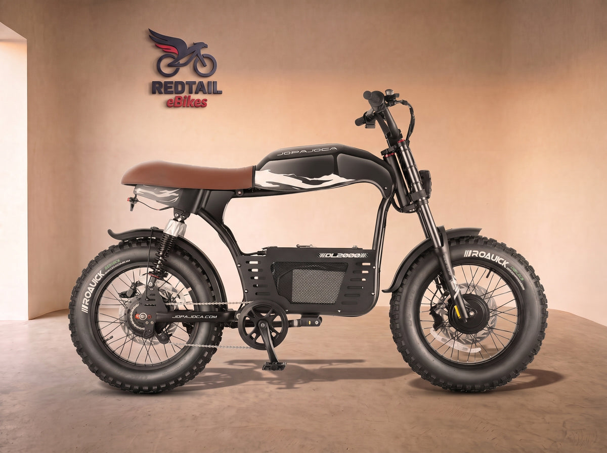 Eahora DL2000 Dual-Motor Moped-Style Electric Bike, side profile in the Redtail eBikes studio