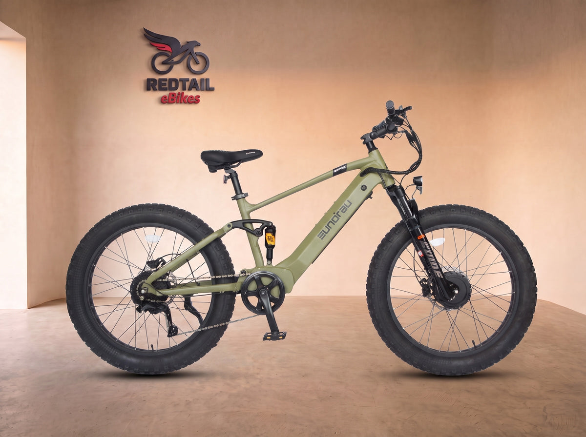 Eunorau DEFENDER-S 2.0 Dual-Motor Full-Suspension Fat eBike, side profile in the Redtail eBikes studio