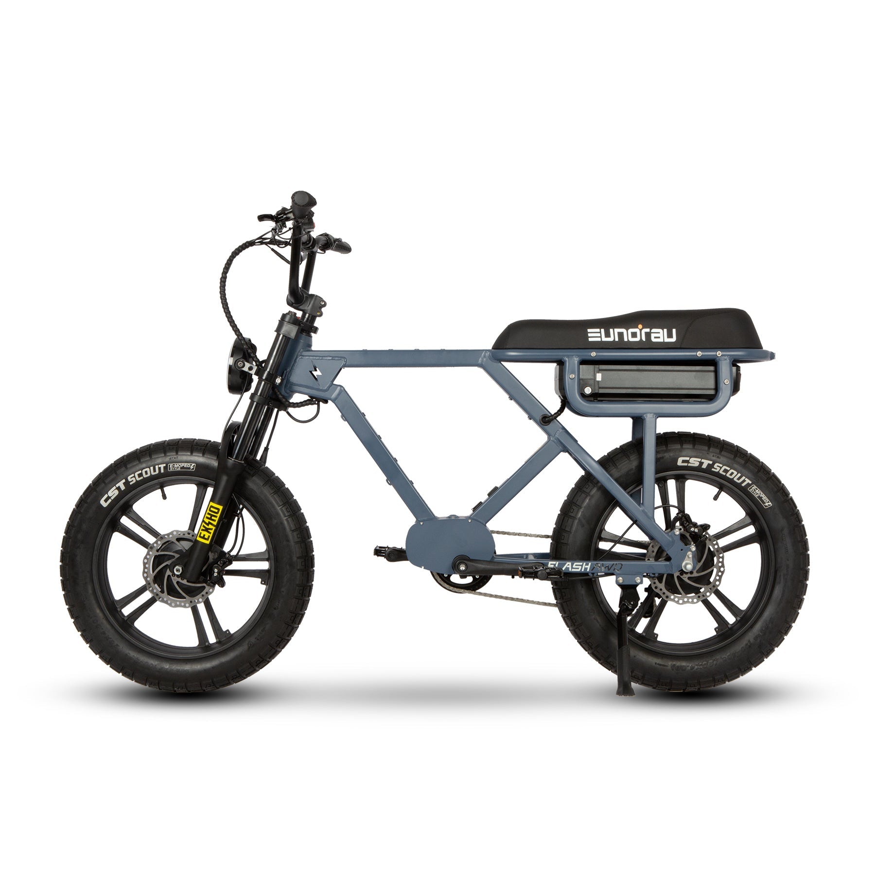 Eunorau FLASH AWD 1.0 Dual-Motor Moto eBike – Moon Black – front three-quarter left view